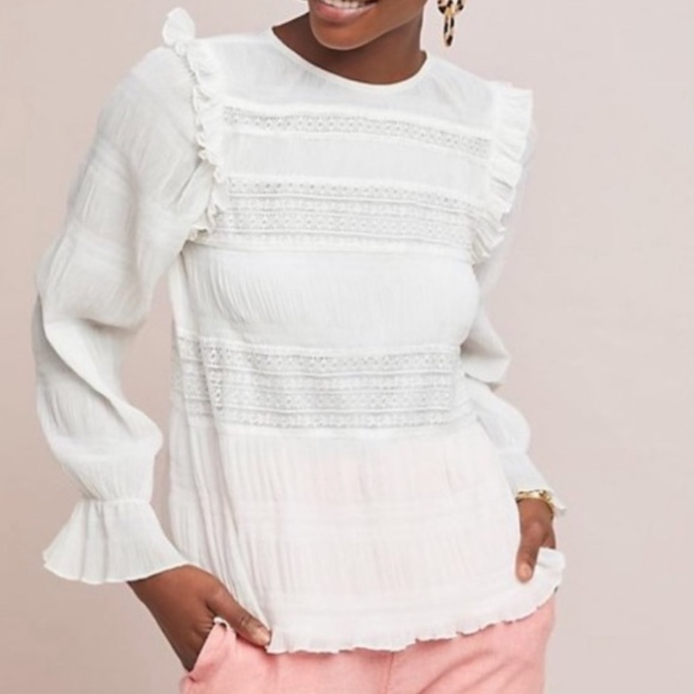 Velvet by Graham & Spencer White Ruffled Lace-Trim Blouse